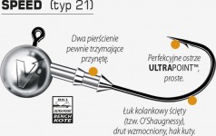 W główkach SPEED zastosowano najnowocześniejszy obecnie system talerzowego blokowania przynęty, który w stu procentach zabezpiecza ją przed zsuwaniem się w czasie rzutu. Można nimi zbroić praktycznie wszystkie przynęty gumowe w rozmiarach 5–15 centymetrów. W przypadku tych największych zaleca się stosowanie dwuhaczykowej kotwiczki typu 3674R, jako tzw. dozbrojki. Hak posiada wyjątkowo ostry i żywotny grot.