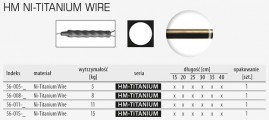 HM NI-TITANIUM WIRE Kompozytowy drut niklowo-tytanowy o niesamowitych wręcz właściwościach. Ma wbudowany tzw. mechanizm bezpieczeństwa. Kiedy w wyniku zbyt gwałtownych napięć, najczęściej występujących podczas zacięcia bardzo dużej ryby, siła oddziaływująca na przypon zbliża się do wartości granicznych dla danej linki, następuje gwałtowne rozciągnięcie się przyponu o kilkanaście procent jego długości (np. przy przyponie 30 cm będzie to około 40–50 mm). Zmniejszenie się działającej siły powoduje błyskawiczny powrót linki do wyjściowej długości, bez jakichkolwiek ubytków mocy czy śladów zużycia. Przypon po zakończeniu takiego gwałtownego holu wygląda po prostu jak nowy! Takie sytuacje, gdy łowiąc stosunkowo delikatnym sprzętem trafiamy na branie wielkiej ryby zdarzają się wielu z nas. Ilu strat przepięknych ryb można dzięki tej lince uniknąć? Sami poszukajcie w pamięci podobnych przygód. Niech to będzie nawet jeden okaz w sezonie, na pewno warto!