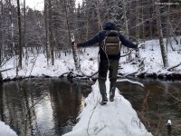 Zwalone ze starości drzewo to naturalna kładka na drugi brzeg. W lecie nie ma problemu z przejściem po szerokim pniu, zimą dochodzi zagrożenie zdrowia z powodu niechcianej kąpieli w lodowatej wodzie. Może to drobiazg, ale plecak Team Dragon X-system bardzo stabilnie siedzi na moich plecach, co w takich trudnych chwilach odgrywa dużą rolę.